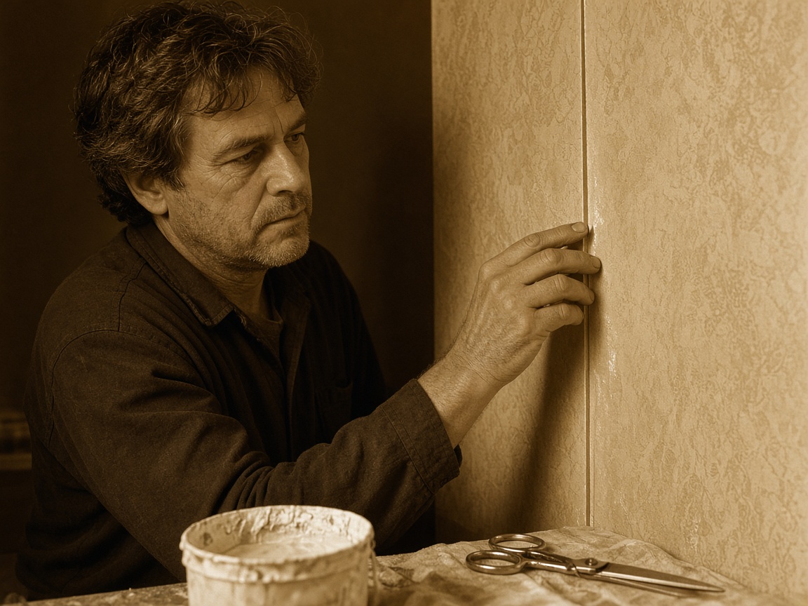 Jonathan checking a wallpaper seam