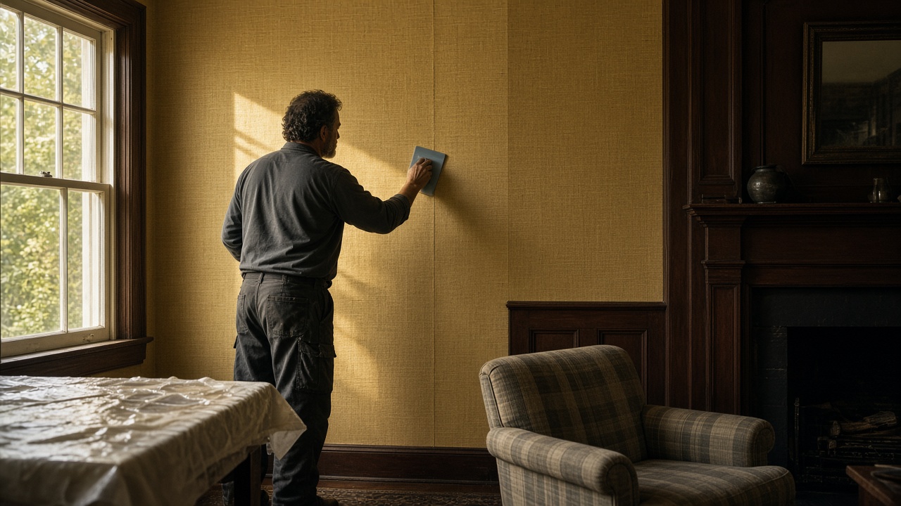 Paperhanger smoothing a wallpaper seam in a Littleton colonial parlor