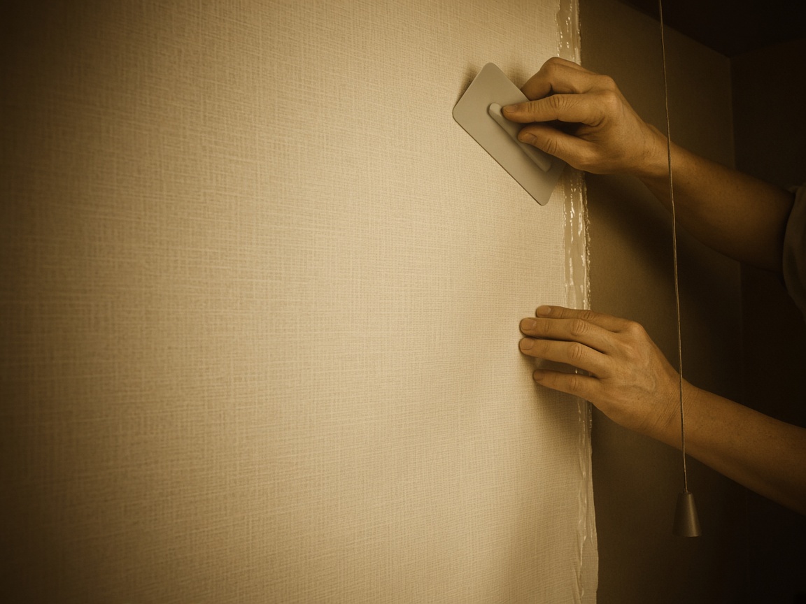 Hands smoothing a wallpaper length on a prepared wall